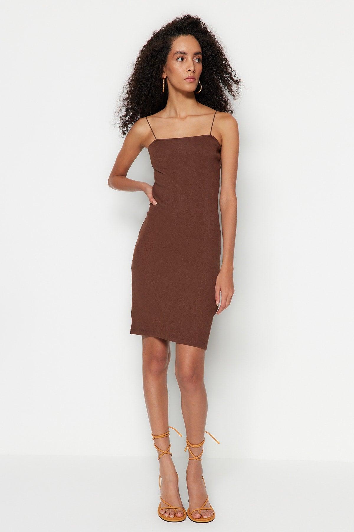 Brown Square Neck Spaghetti Strap Ribbed Flexible Fitted Mini Knitted Dress TWOSS21EL2327 - Swordslife