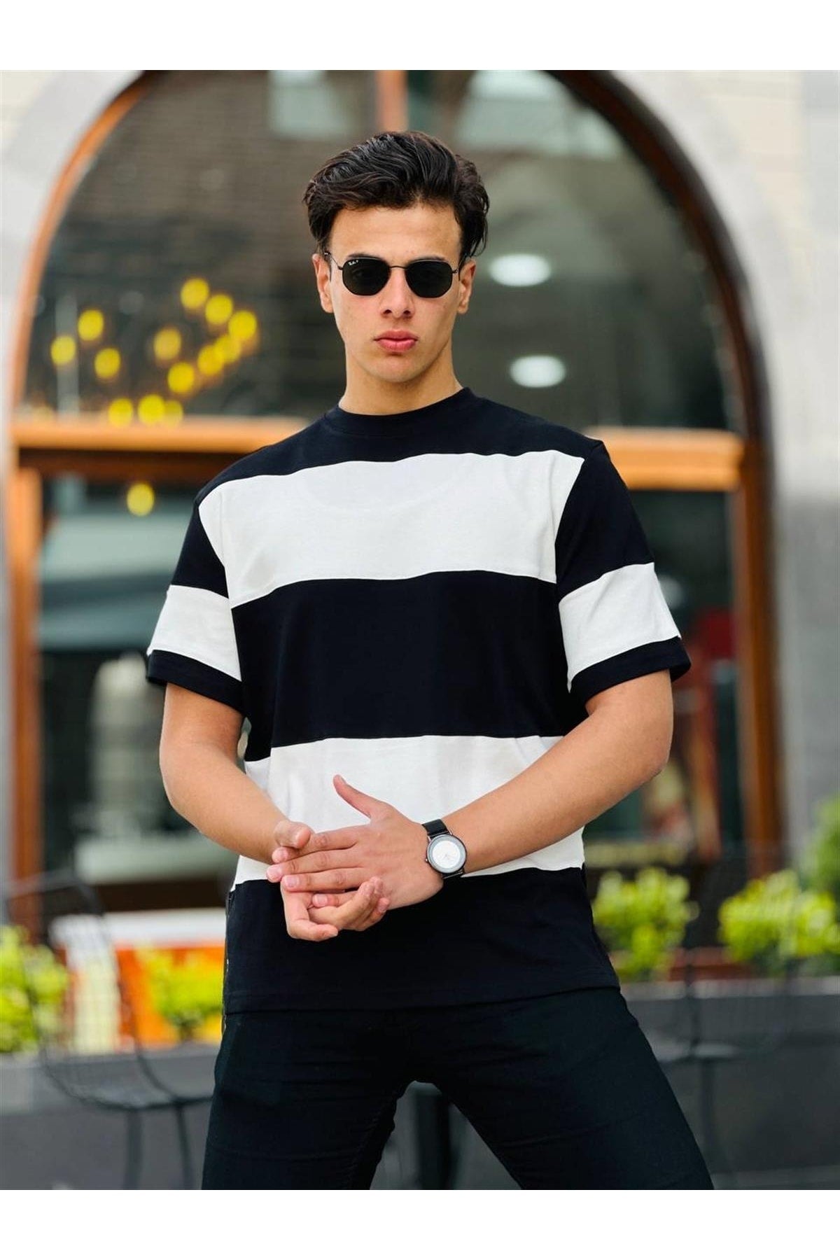 Two Color Short Sleeve T-Shirt Oversize-Black-White