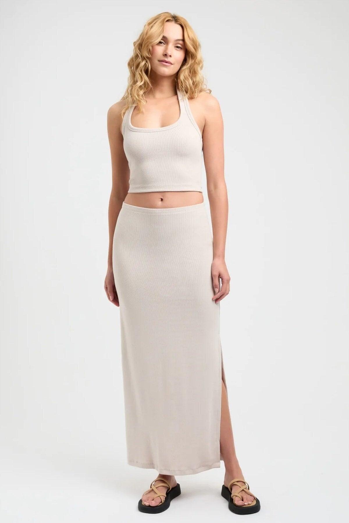 Beige Basic Women's Long Skirt With Slit Detail Mg1650 - Swordslife