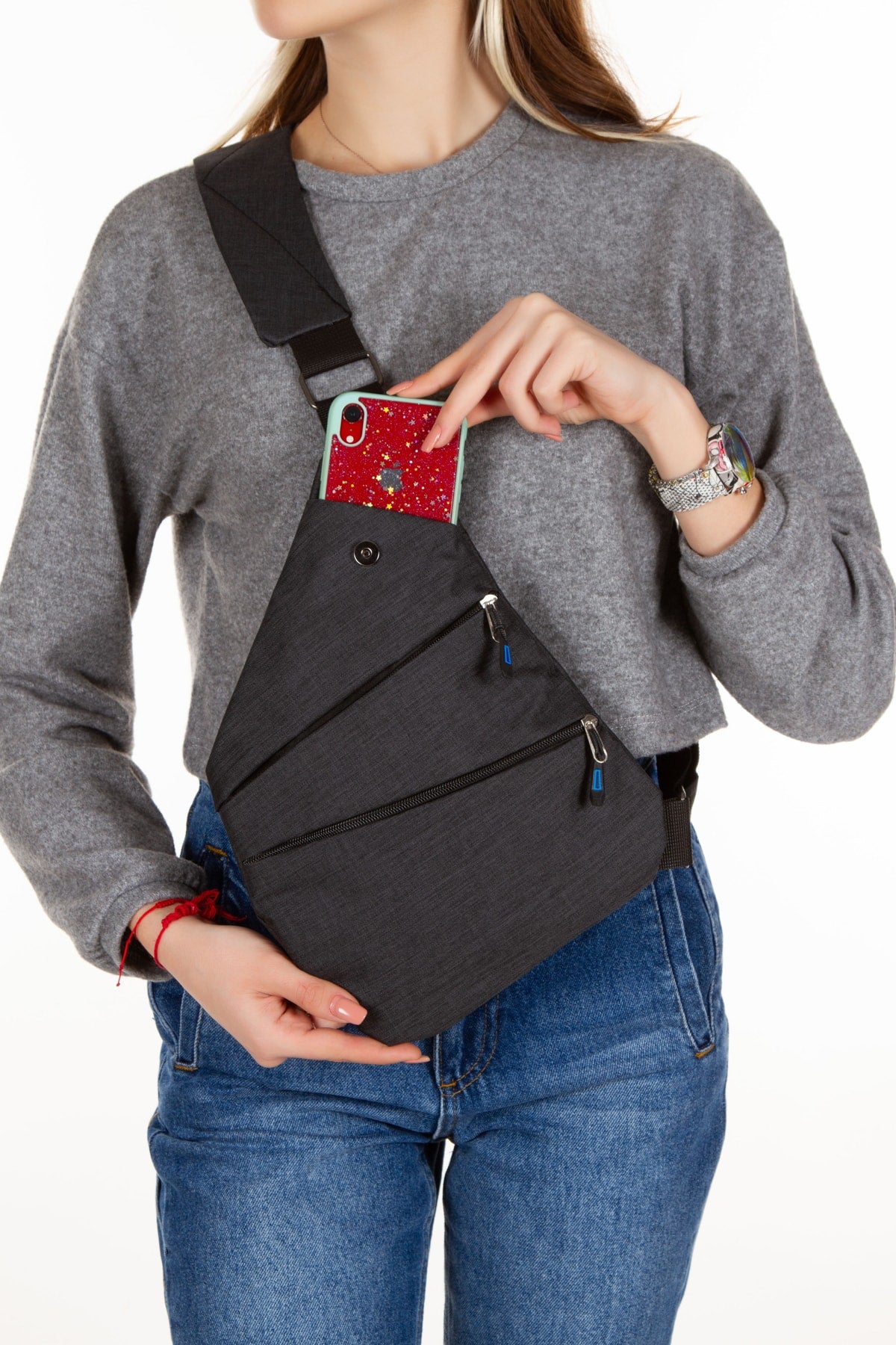 Unisex Schwarze Satteltasche, Schulter-Brusttasche mit Telefonfach, diagonale Tasche, schmale Umhängetasche