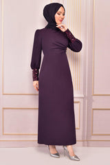 Pearl Detail Evening Dress Plum Asm2553 - Swordslife