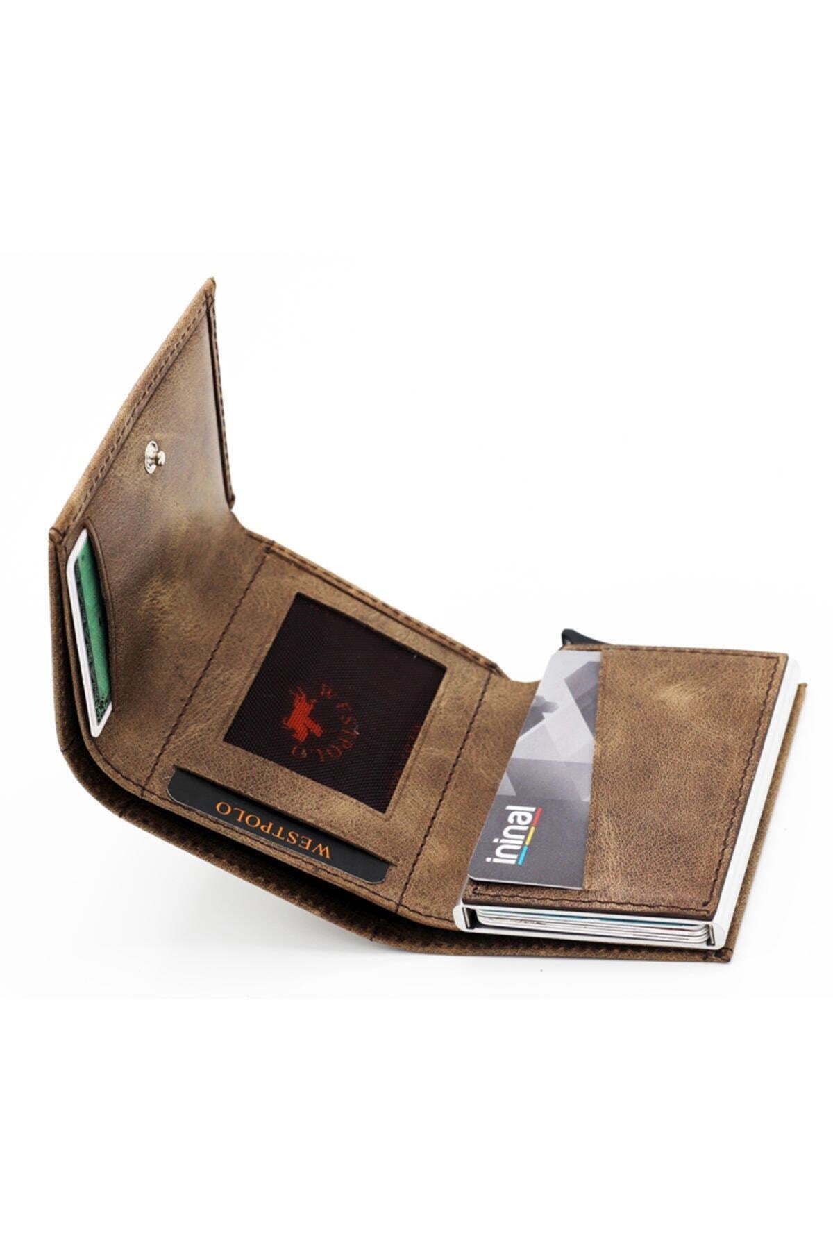 Men'S Brown Genuine Leather Mechanism Wallet Card Holder
