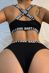 Women's Black Cross Back And Love Lettering Detailed Underwear Set - Swordslife