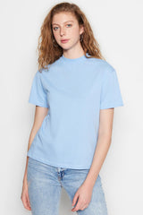 Blue 100% Cotton Basic Stand Up Collar Knitted T-shirt TWOAW20TS0096 - Swordslife