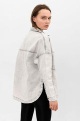 Gray Pocket Slit Detailed Oversize Denim Jacket - Swordslife