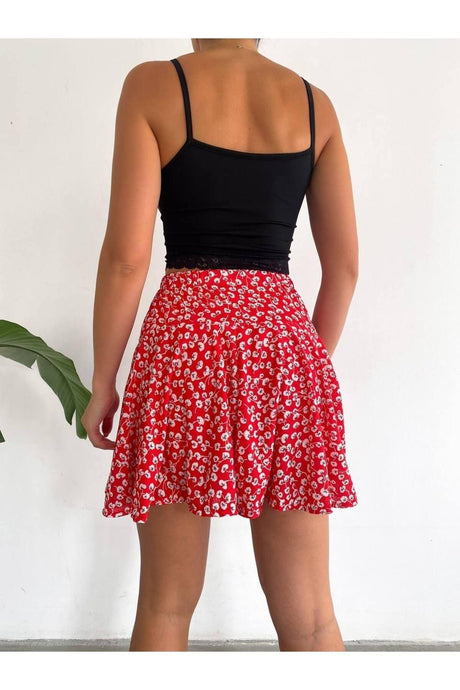Flower Patterned Red Short Skirt - Swordslife