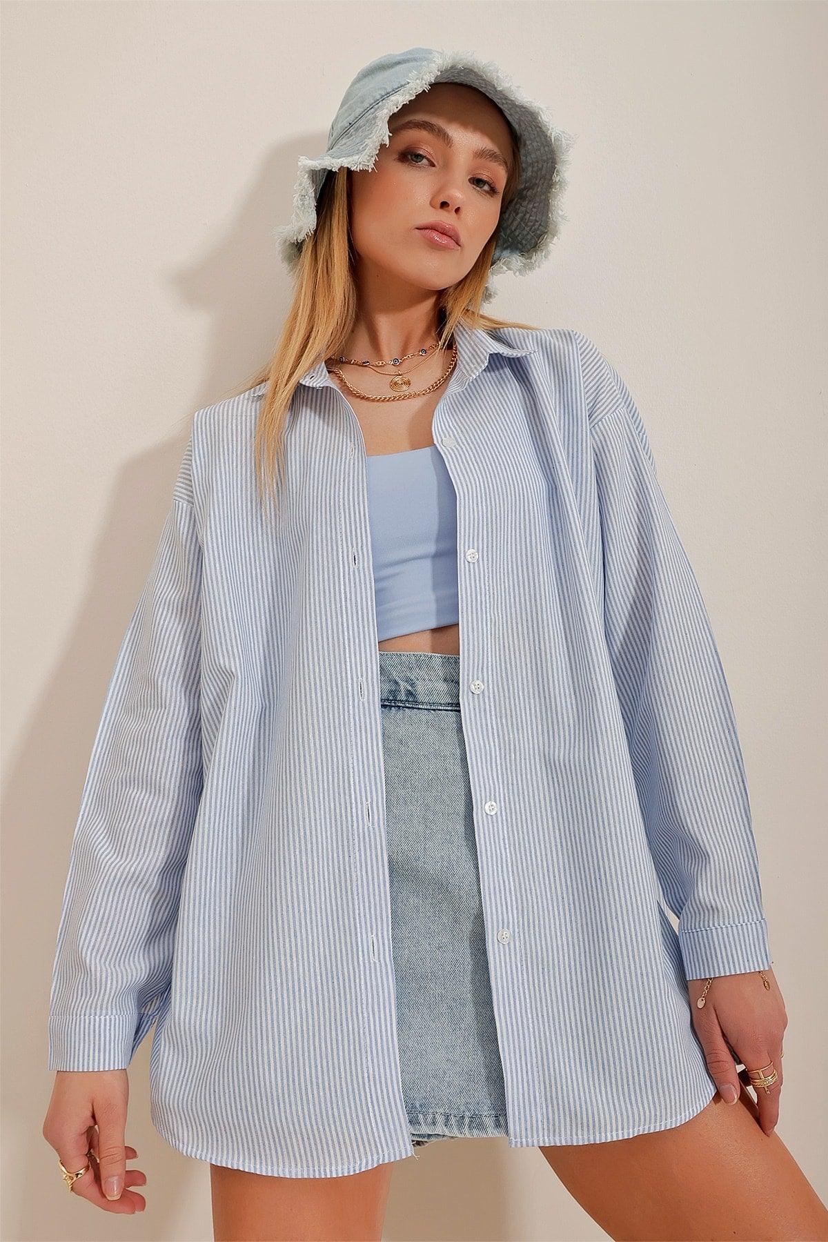 Women's Blue Striped Oversize Shirt ALC-X10232 - Swordslife