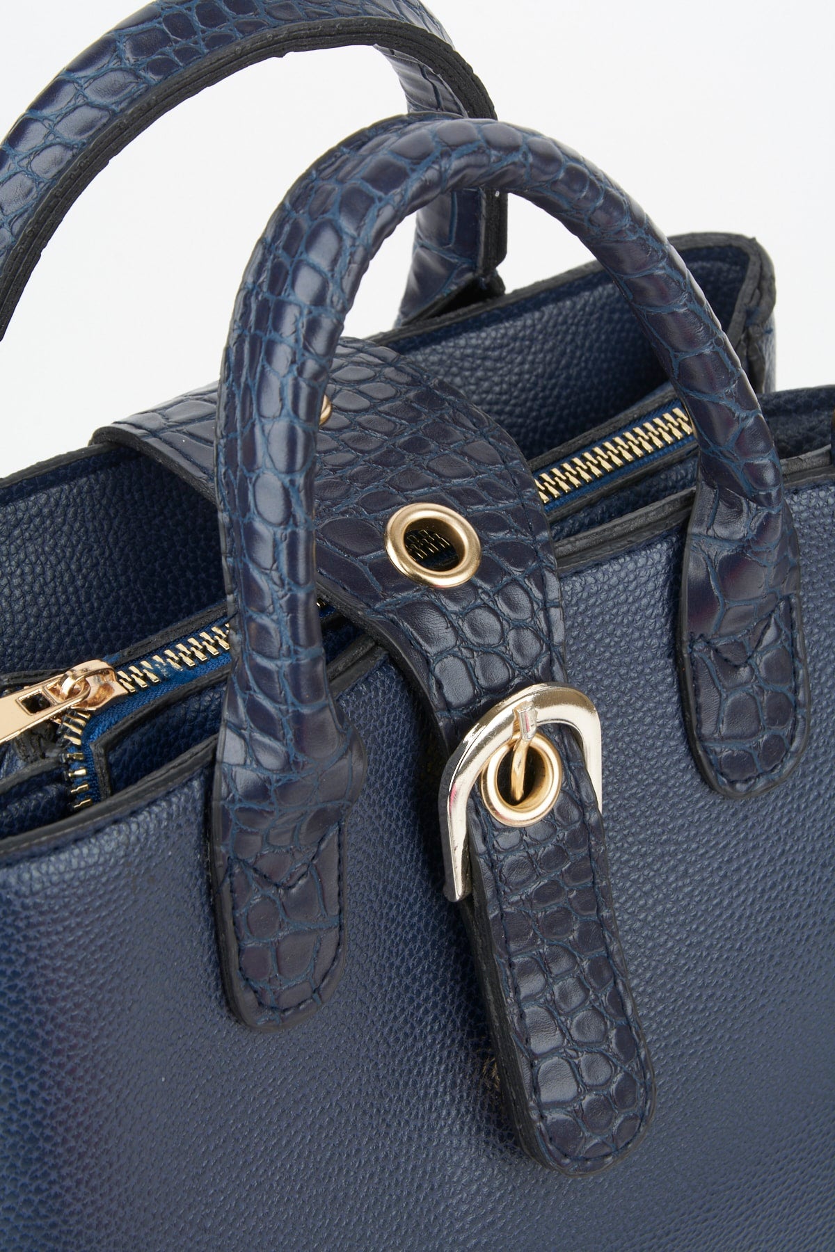 Damen-Hand- und Schultertasche mit Kroko-Griff, 2 Fächern, Druckknopf-Reißverschluss und Riemen in Marineblau