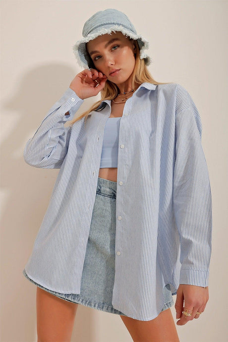 Women's Blue Striped Oversize Shirt ALC-X10232 - Swordslife