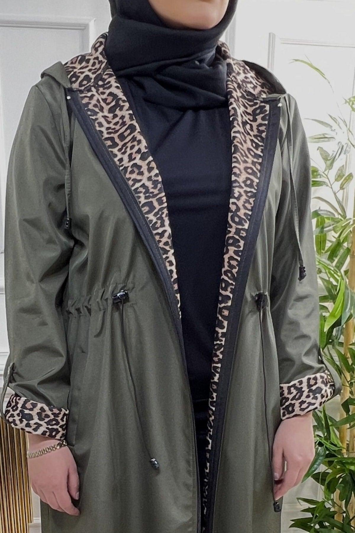 Plus Size Setenay Full Length Inner Leopard Double Sleeve Trench - Khaki - Swordslife
