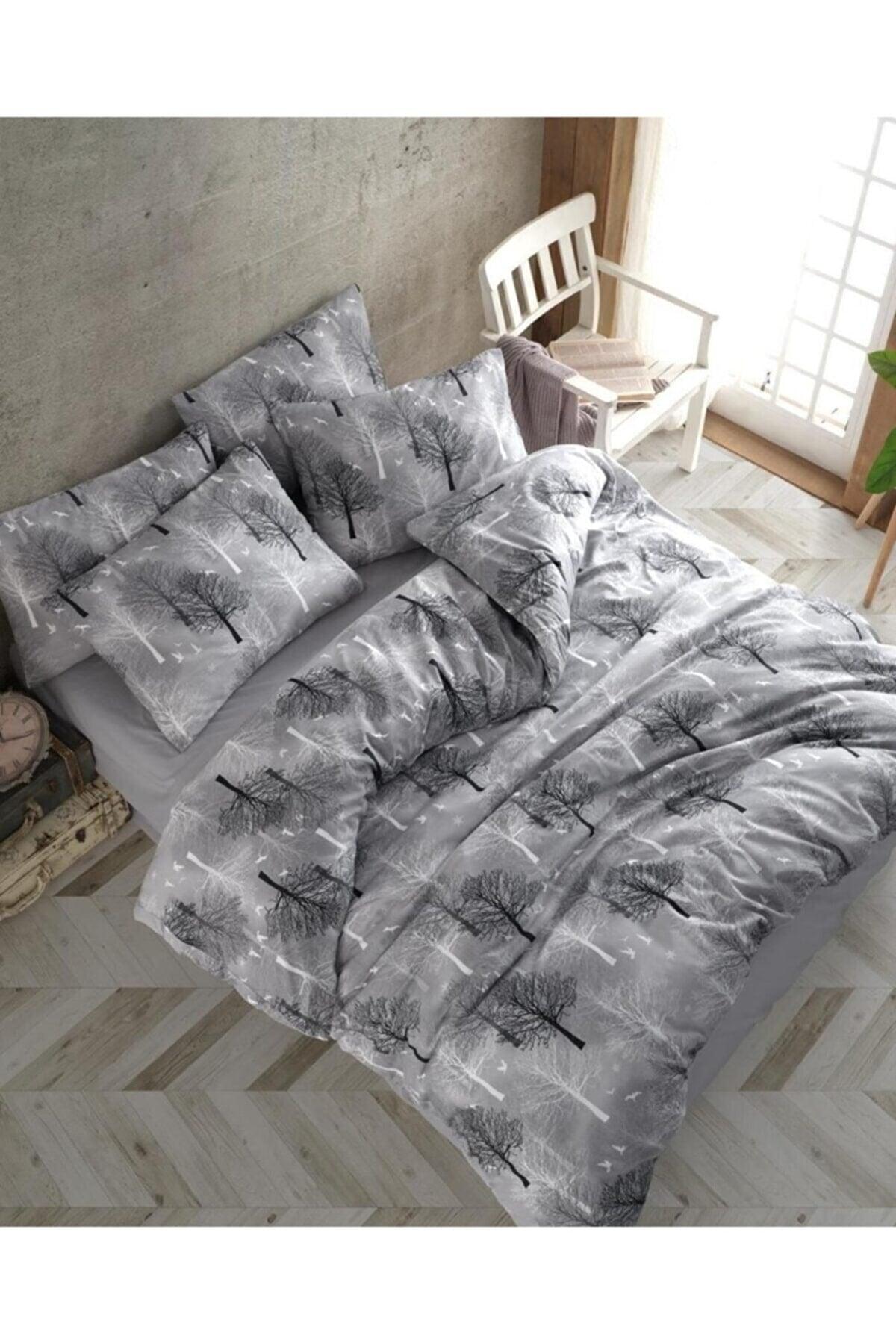 Home Gray Double Tree Pattern Luxury Cotton Duvet Cover Set - Set - Swordslife