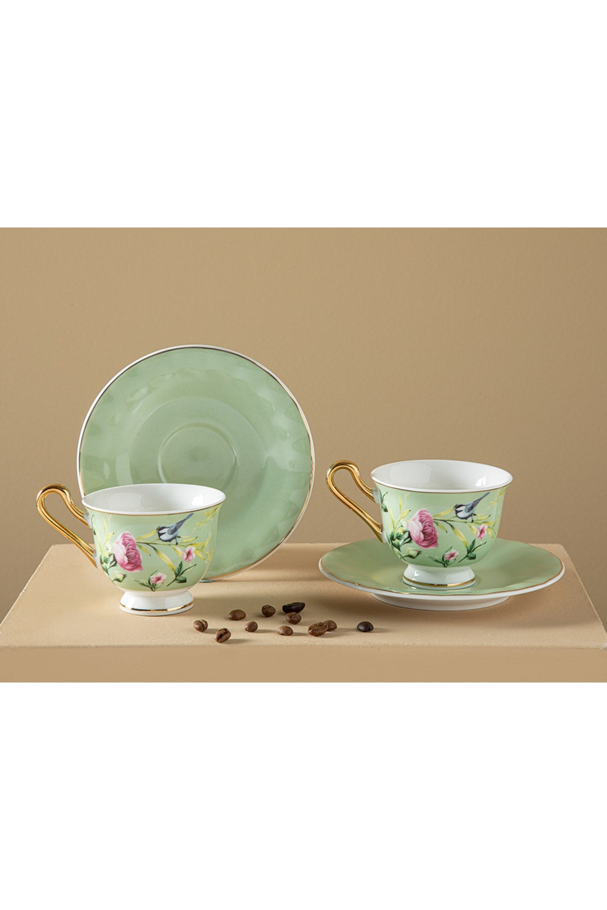 Vanilla New Bone China 4 Piece Set of 2 Coffee Cups 90 Ml Light Green