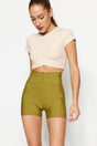 Oil Green Gathering Stitch Detail Sports Shorts Tights TWOSS21SR0545 - Swordslife