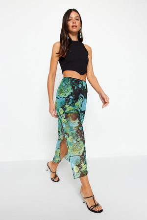 Blue Patterned Maxi Length Lace Detailed Tulle Stretch Knitted Skirt TWOSS23ET00369 - Swordslife