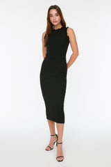 Black Crew Neck Ruffle Detailed Fitted Midi Smart Knitted Dress TWOSS22EL1569 - Swordslife