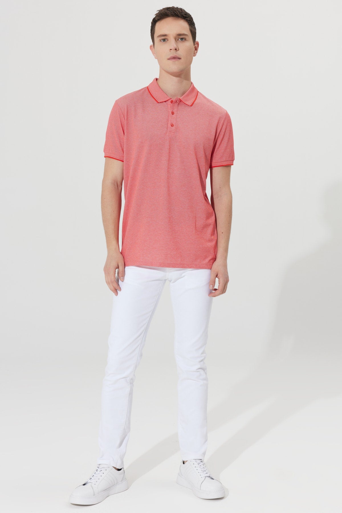 Men's Non-Shrink Cotton Fabric Slim Fit Narrow Cut Sunflower-White Anti-roll Polo Neck T-Shirt