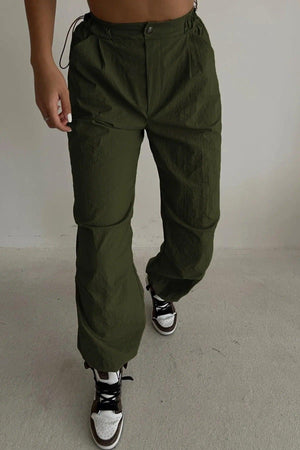 Khaki Tactical Adjustable Waist Parachute Fabric Trousers - Swordslife