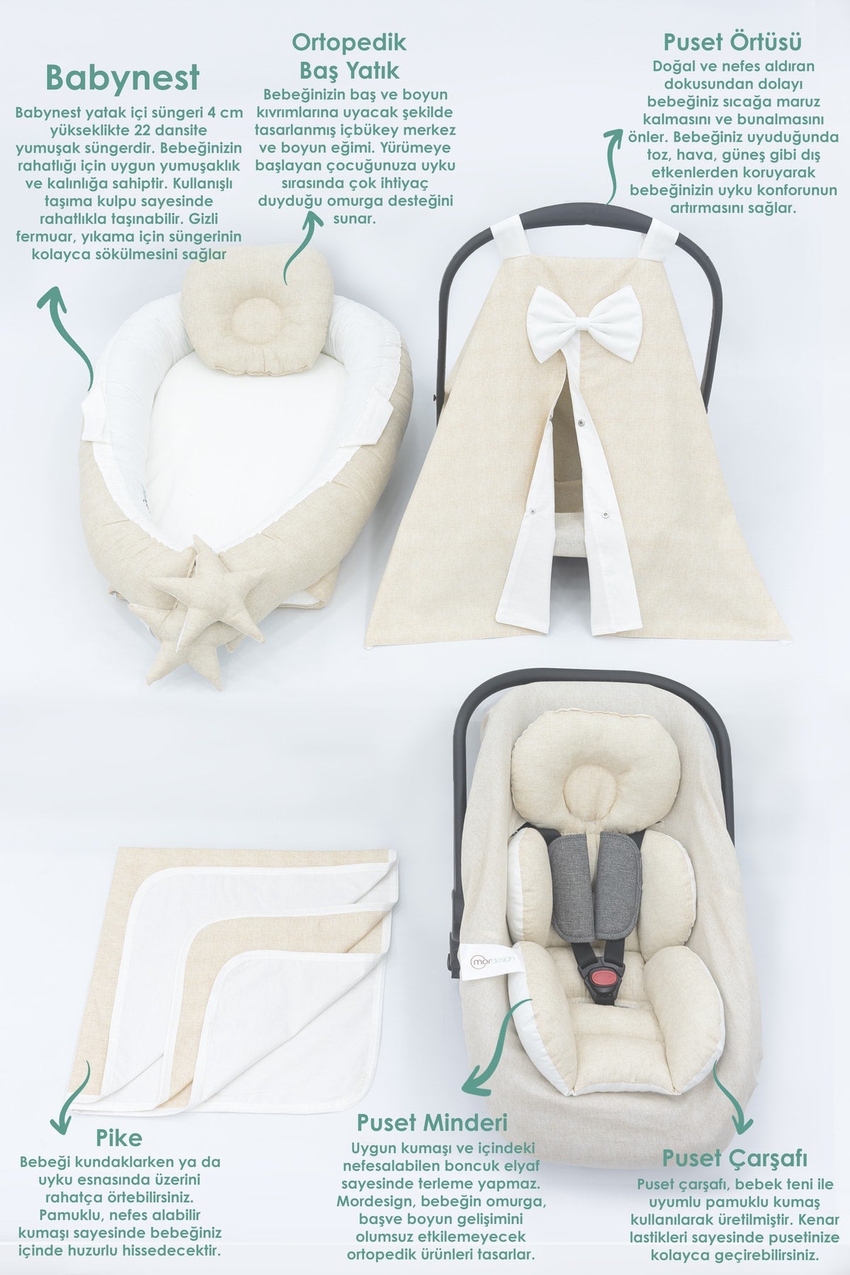Babynest Orthopädische Babymatratze, Piqué und Kinderwagenzubehör 6er Set, Rainbow Serie, Creme