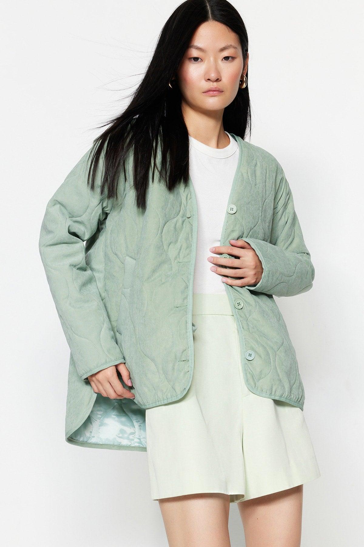 Green Oversize Button Closure Quilted Coat TWOSS23MO00011 - Swordslife