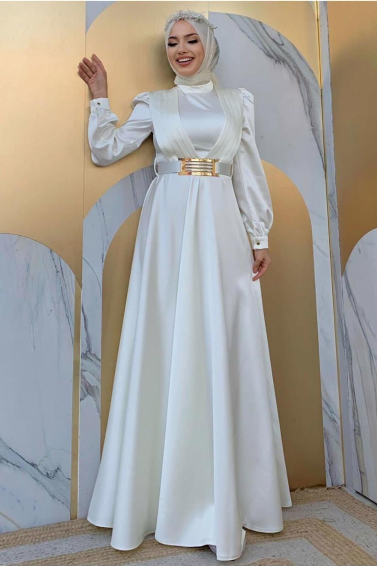 Women's Ecru Belted Pleated Detailed Satin Evening Dress T 2973 - Swordslife