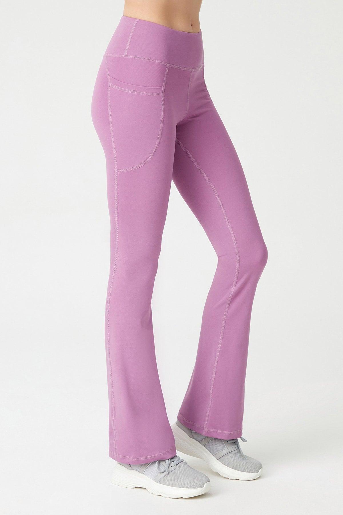 Women's Lavender High Waist Gatherer Double Pocket Spanish Leg Leggings Bootcut - Swordslife
