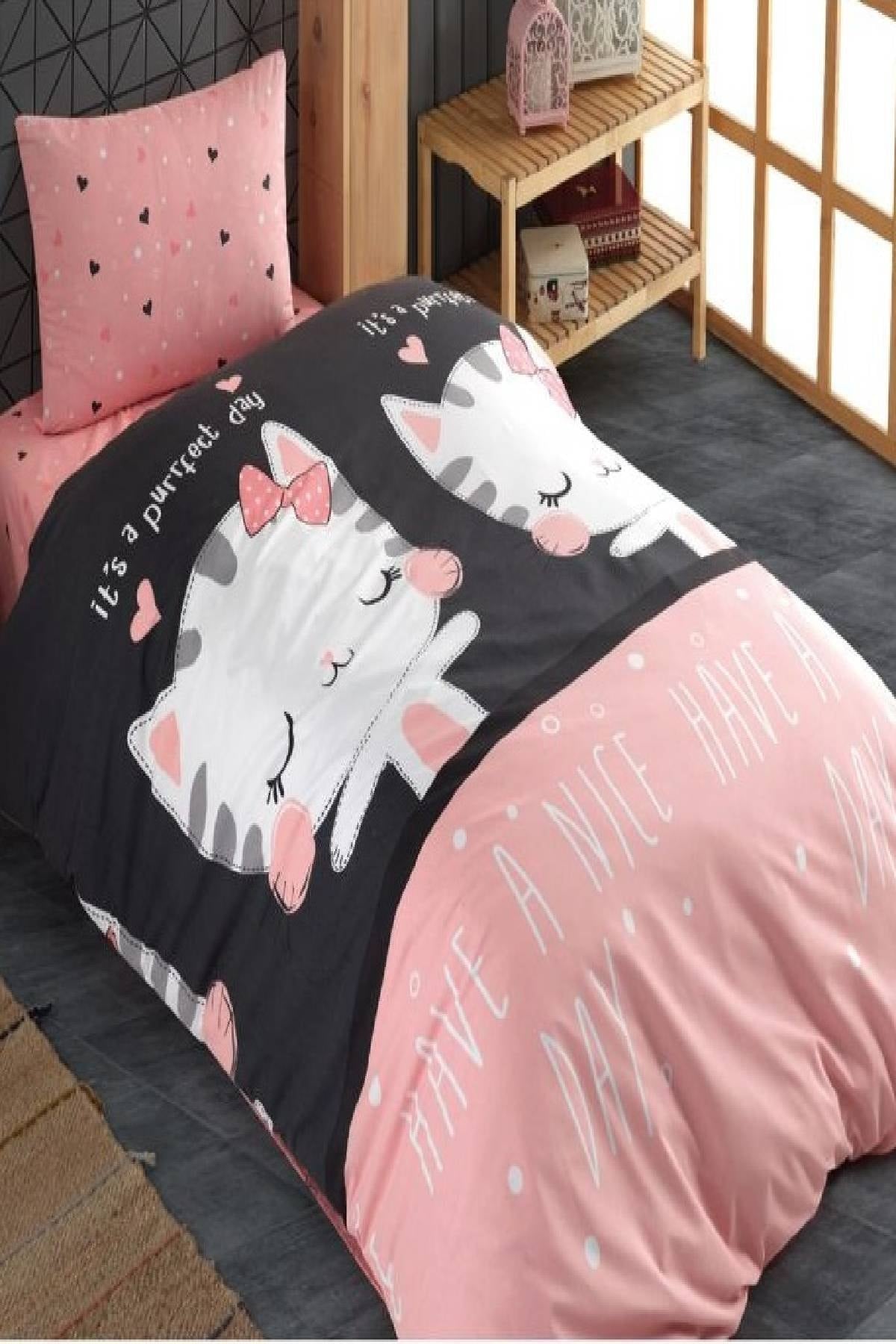 Elastic Cotton Cat Pattern Pink-Black Single Bed Cover Set For Children