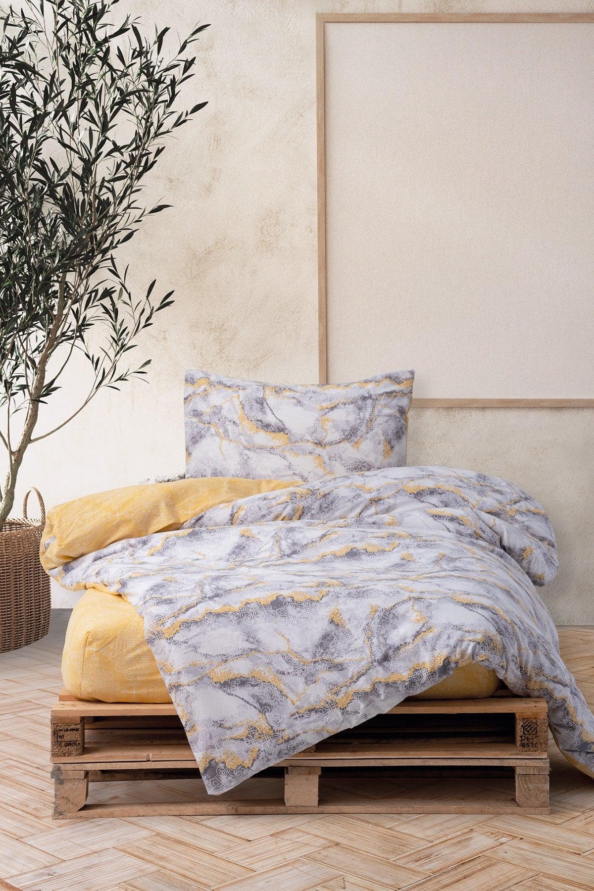 Ranforce Single Fitted Duvet Cover Set Marble Yellow - Swordslife