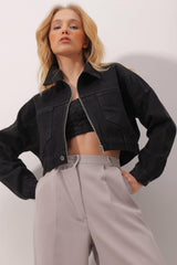 Women's Black Double Pocket Zippered Crop Denim Jacket ALC-X9899 - Swordslife