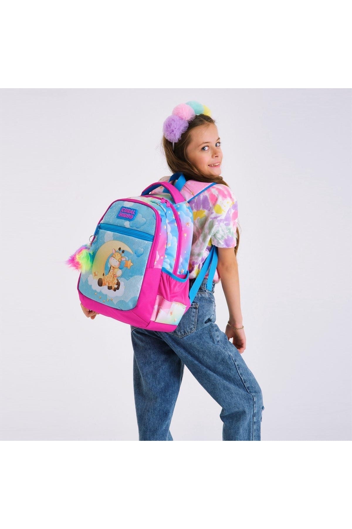 Kids Blue Pink Giraffe Patterned Three Compartment School Backpack 23479