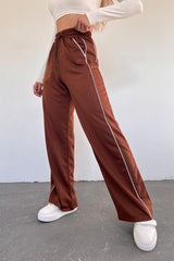 Women's Brown Wide Leg Two Yarn Elastic Waist Sweatpants - Swordslife