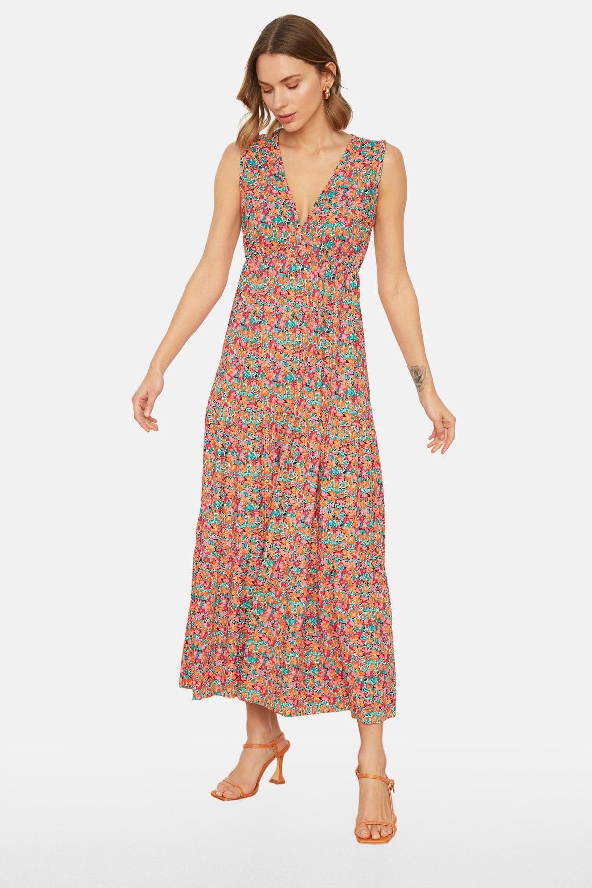 Multi Colored Floral Pattern V Neck Sleeveless A-Line Maxi Knitted Dress TWOSS22EL1588 - Swordslife