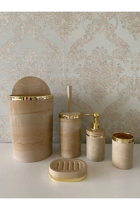 Piece Marble Pattern Cream Bath Set / Wc Brush Holder, Liquid - Solid Soap Dispenser, Trash Can, Toothbrush Holder - Swordslife