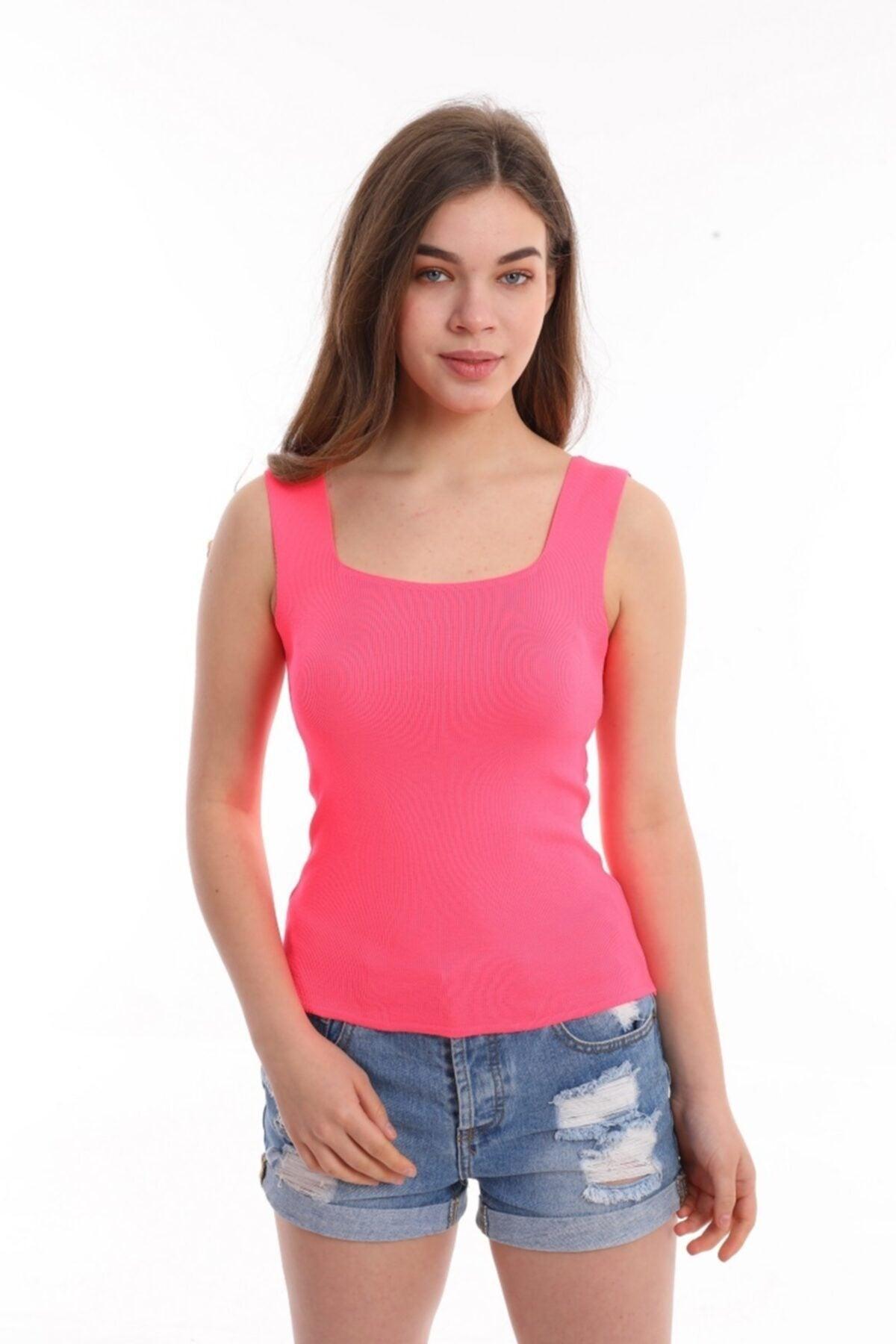 Women's Neon Pink Color Square Collar Strap Knitwear Blouse Athlete - Swordslife