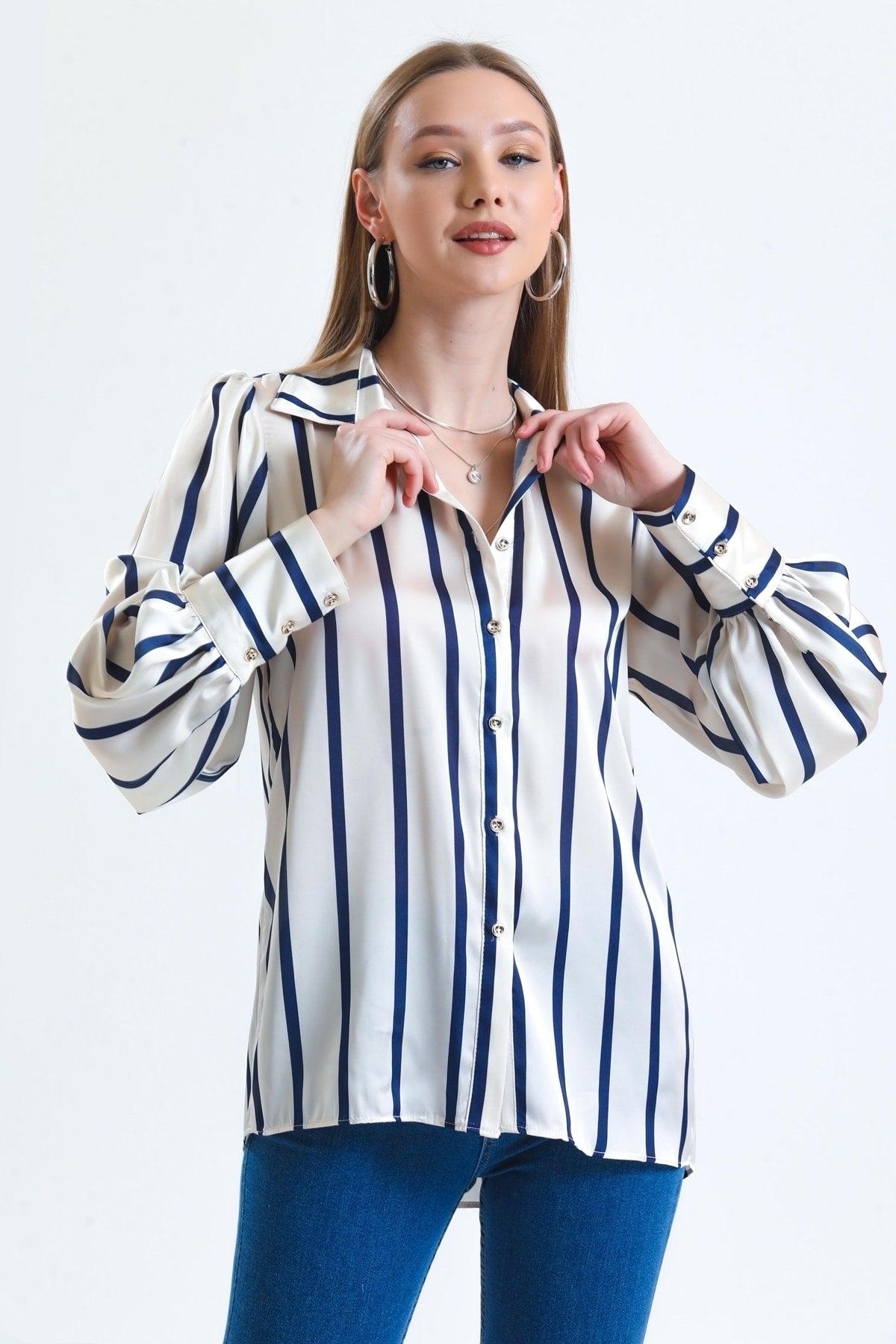 Women's Ecru Balloon Sleeve Ruffle Detailed Oversized Striped Satin Shirt - Swordslife