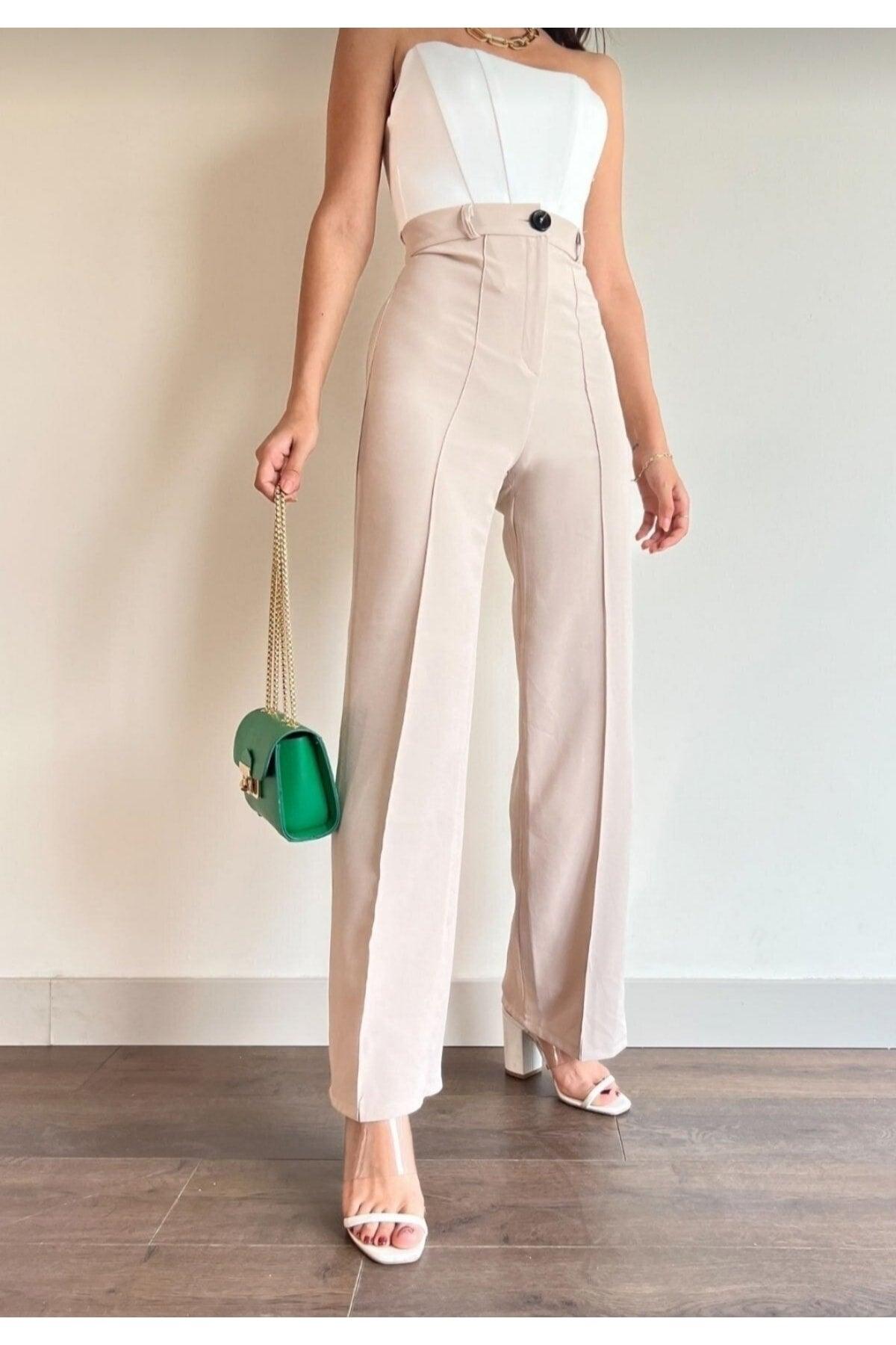 Women's Beige Front Stitching Detail High Waist Palazzo Trousers - Swordslife