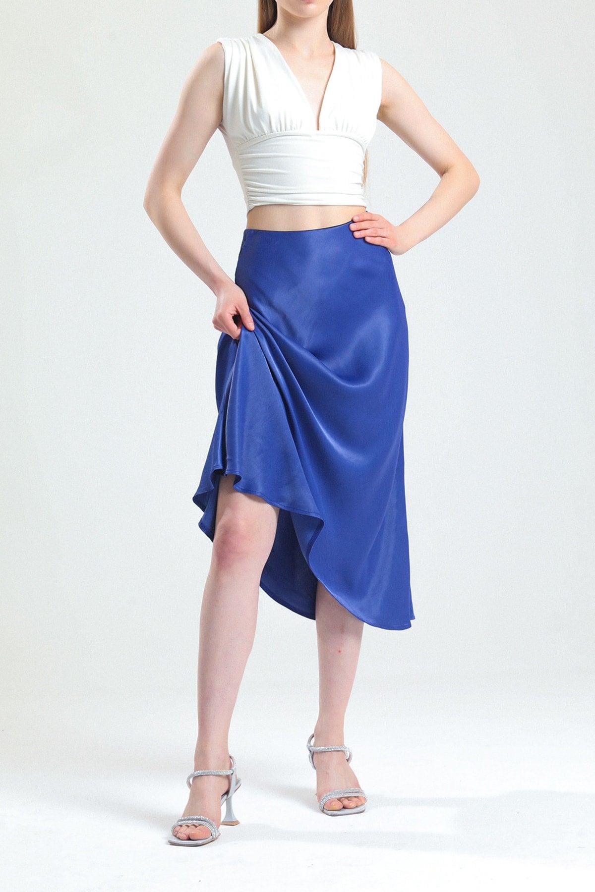 Summer Oblique Viscose Satin Fabric Navy Blue Midi Length Skirt - Swordslife