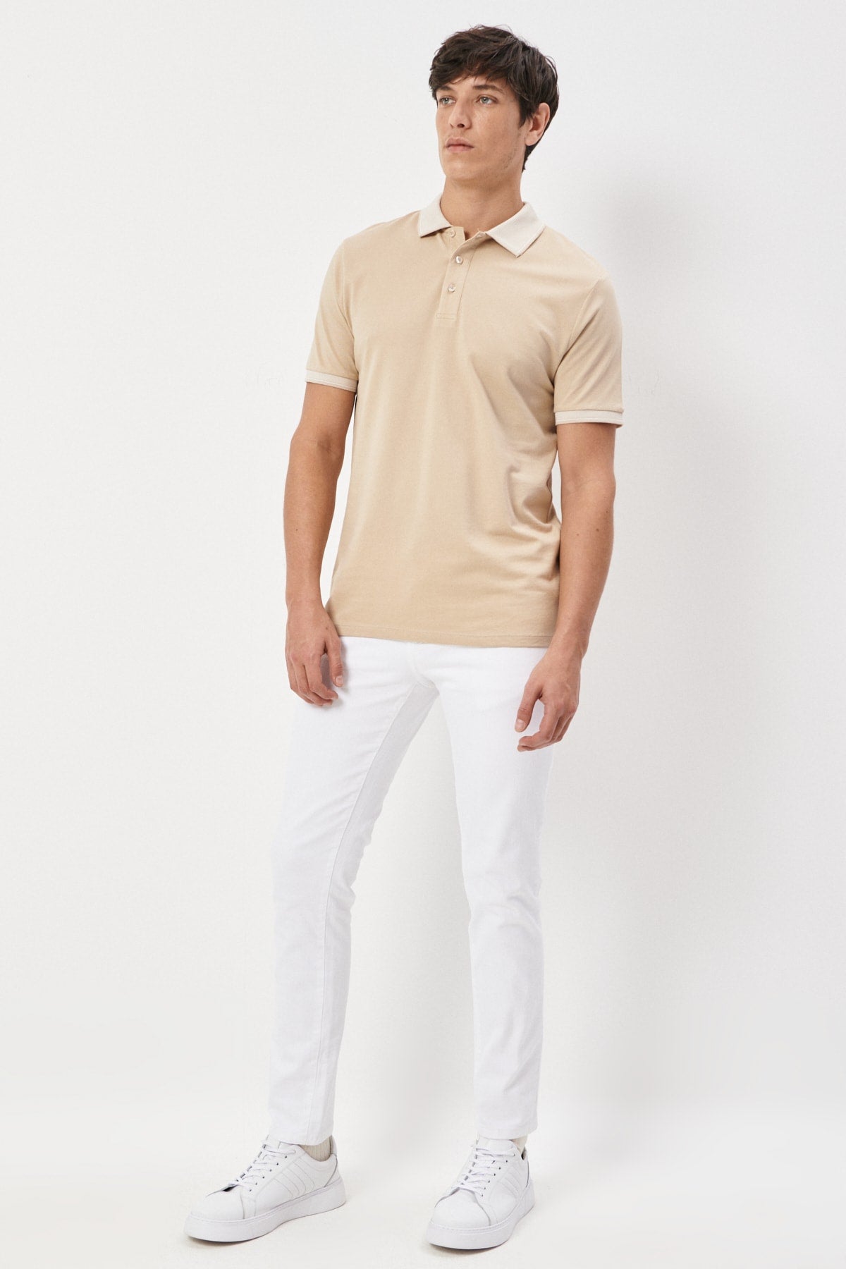 Men's Non-Shrink Cotton Fabric Slim Fit Slim Fit Light-Beige Anti-Roll Polo Neck T-Shirt