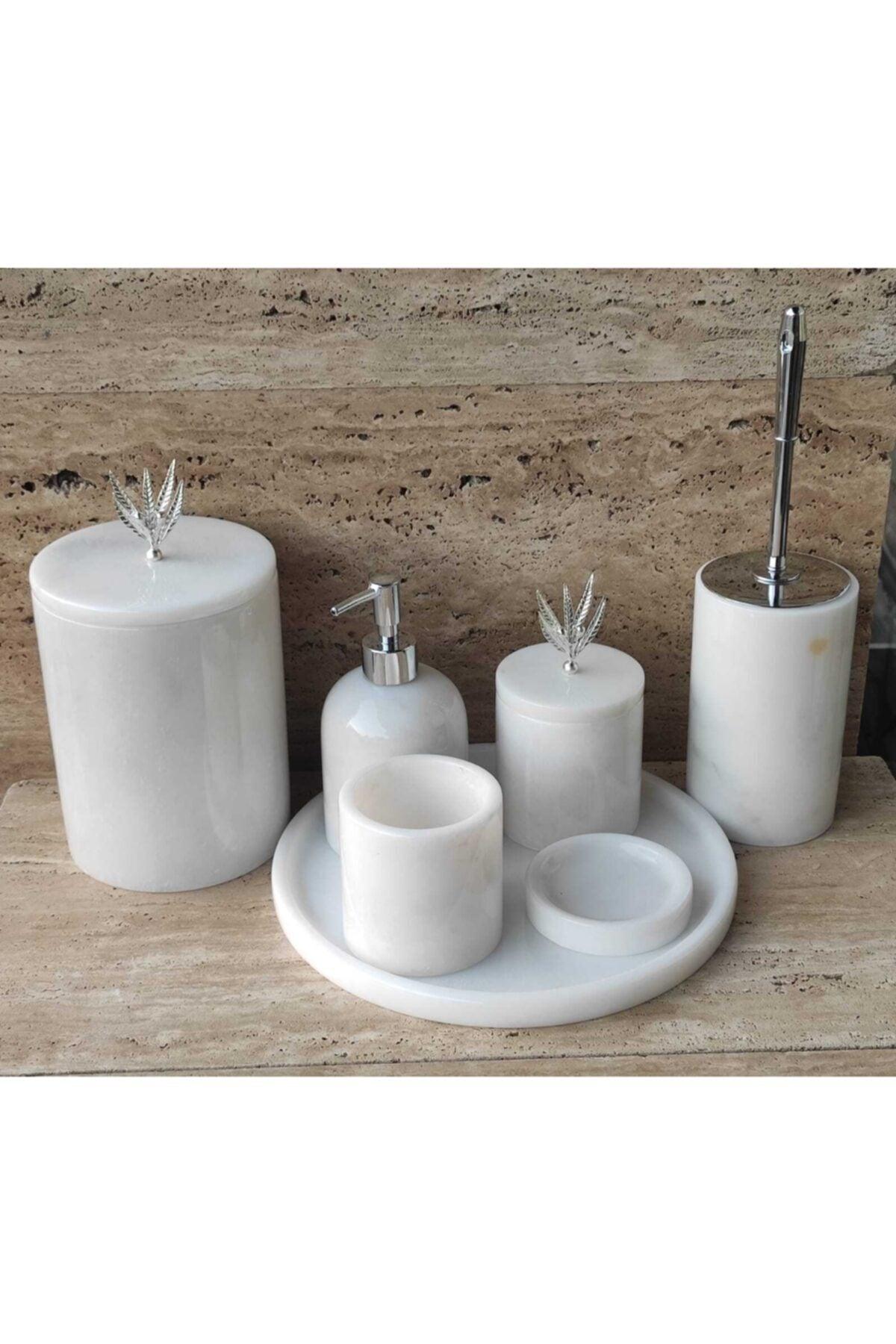 White Marble Silver Olive Branch Accessory 7 Pcs Bathroom Set - Swordslife