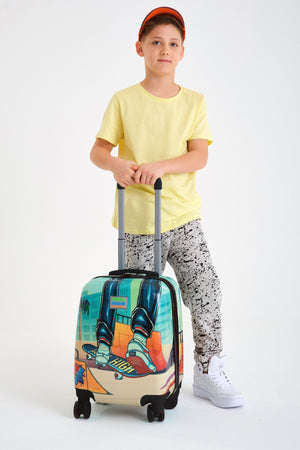 Kinderkoffer mit Skateboard-Muster, Indigo/Neonorange, 16742