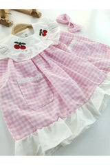 Baby Girl Pink Gingham Cherry Detailed Hair Band Dress
