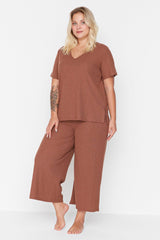 Brown Camisole Knitted Pajamas Set TBBSS22PT0237 - Swordslife