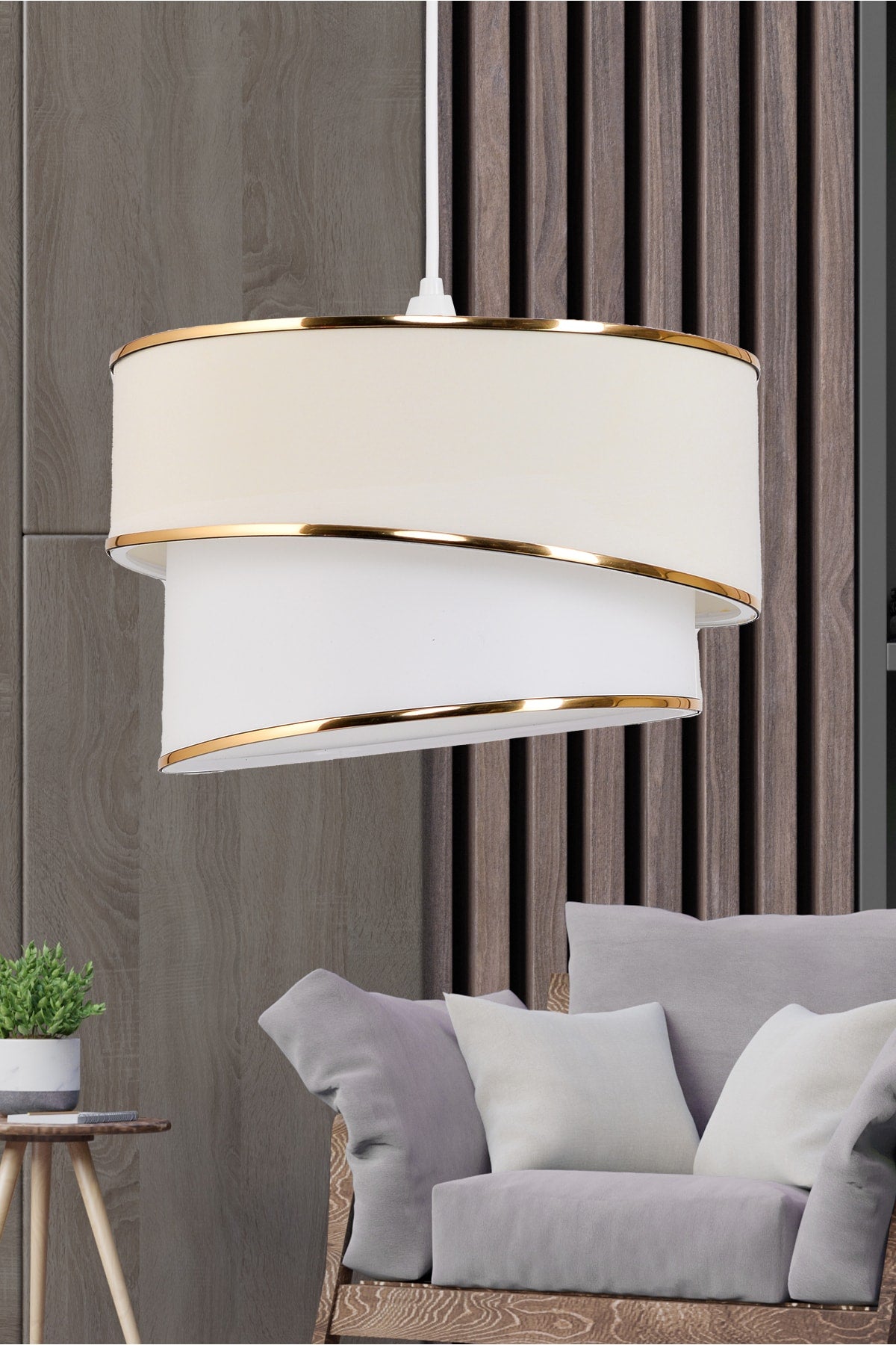 Rüzgar Pasta Single Pendant Lamp Chandelier and Gold Lampshade Set Cream