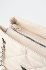 Crocos Cream Leather Quilted 3 Compartment Zipper Closure Lined Hand Arm And Shoulder Bag With Chain Strap