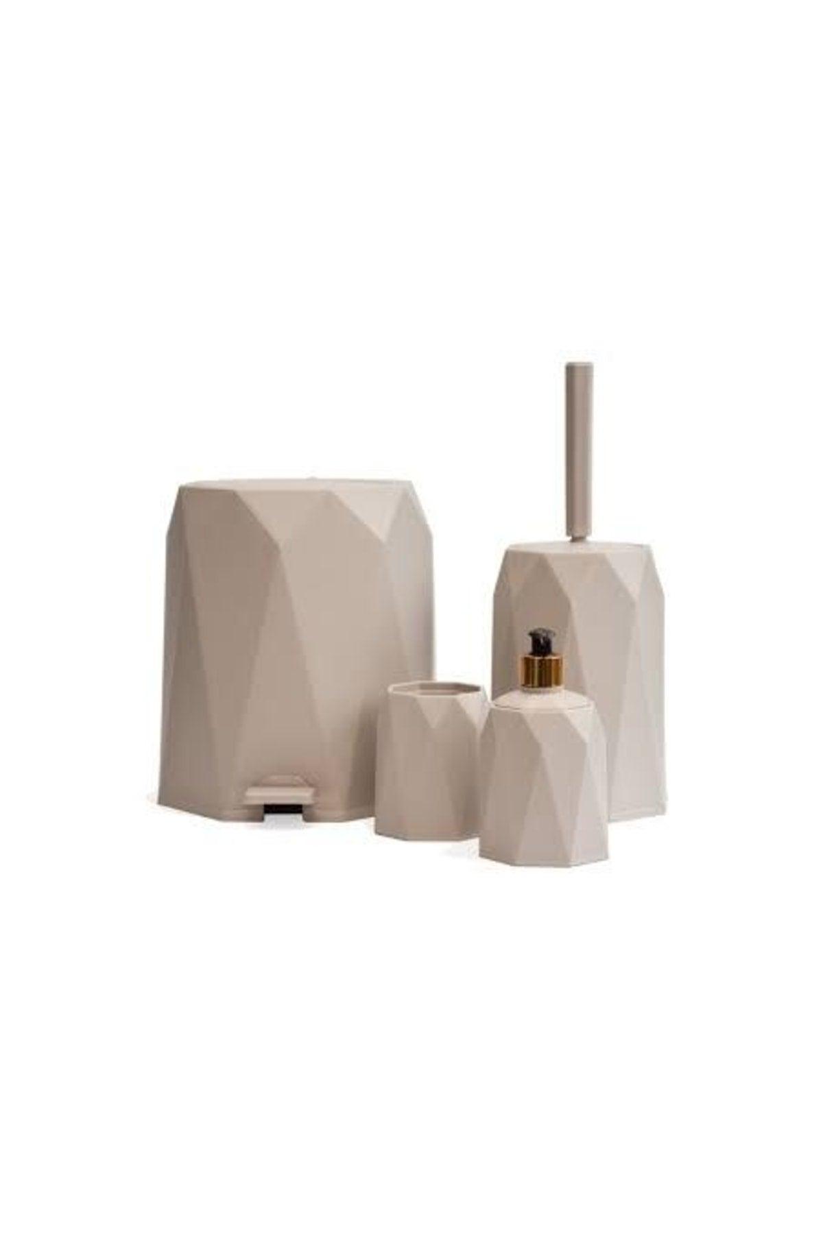 Bathroom Set Plastic 5 Lt Trash Can Toilet Brush Sink Set of 4 (stone color) - Swordslife