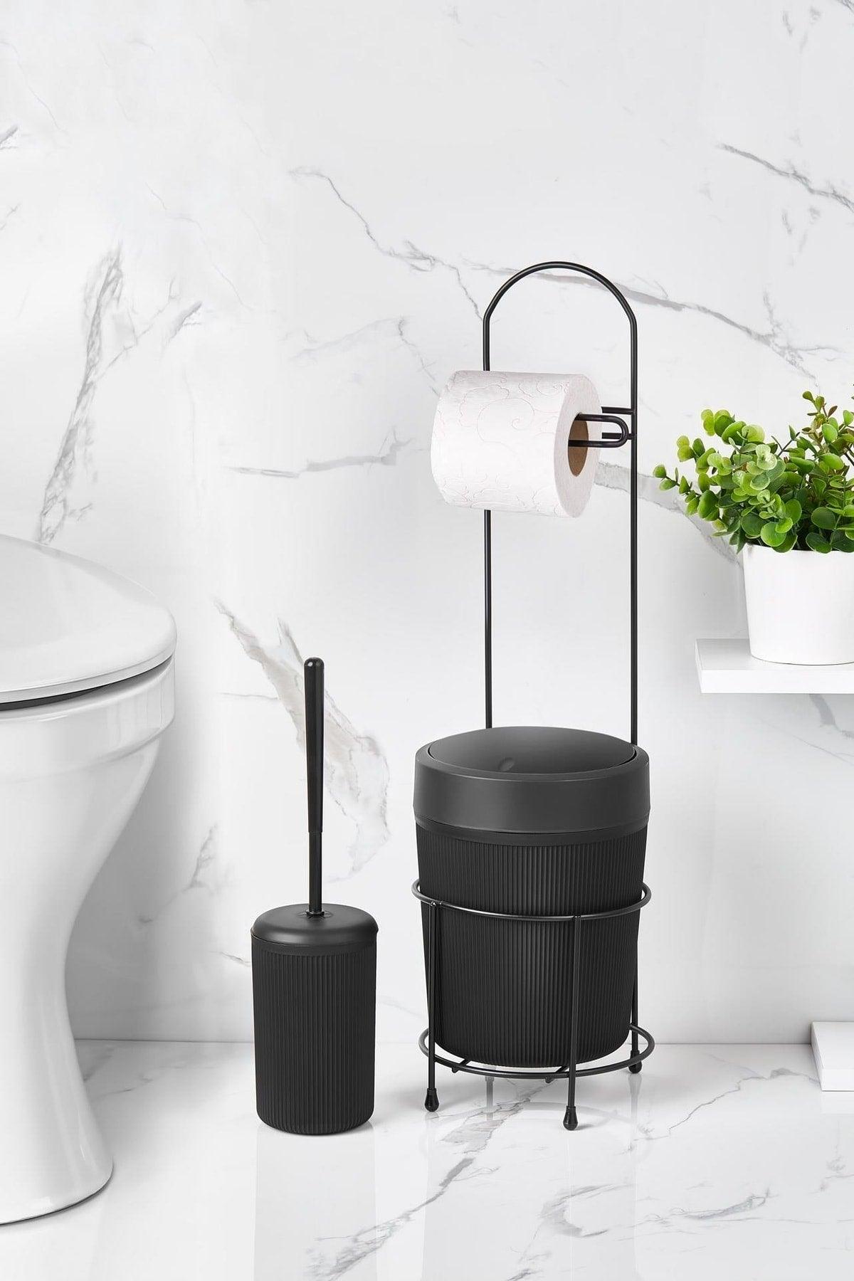 Black Round Bucket Wc Paper Holder And Toilet Brush Set - Swordslife