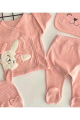 Cheerful Babies Organic Fabric Teddy Bear Embroidered Pattern 5 Pieces Hospital Outlet Set Salmon