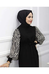 Zebra Patterned Long Hijab Dress - Black Zeraa-678 - Swordslife