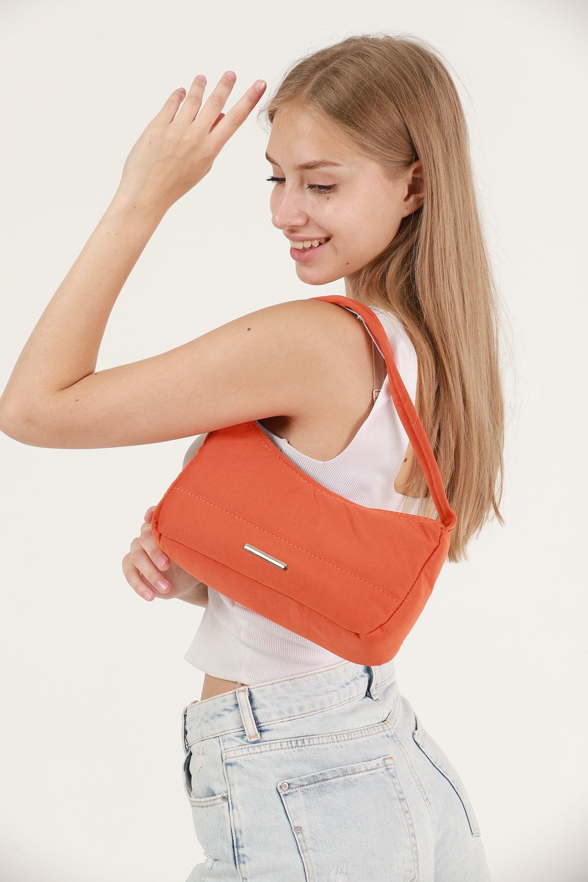 Orange U26 Single Zipper Section Canvas Fabric Women'S Daily Baguette Hand And Shoulder Bag U:13 E:25 G:6