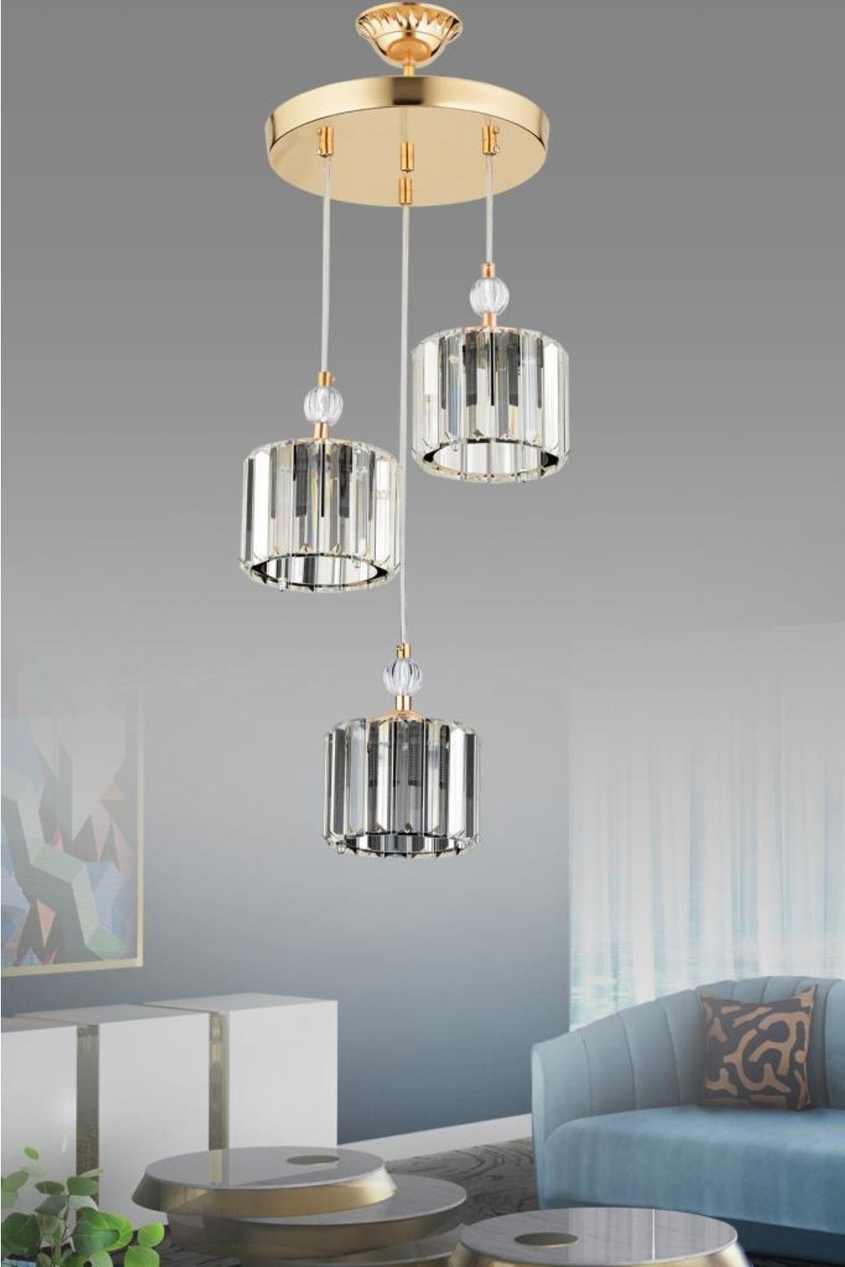 Maya 3-Piece Gold Y-10 Crystal Stone Chandelier