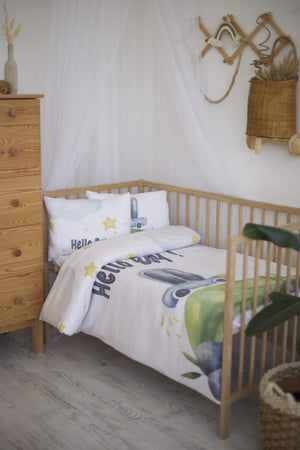 Organic Printed Cotton Satin Baby Duvet Cover Set - Car And Star Themed